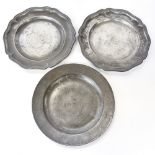 Three pewter plates, 18th Century or later, London touchmarks ED.