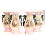 Four 19th century vases, depicting French and Continental scenes,