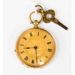 An open face 18ct gold pocket watch with gold dial with engraved detail