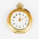 A 14ct gold fob watch, cream enamel dial with black Arabic numerals,