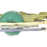 Angling interest: six course fishing rods holdall, seat, keep net.