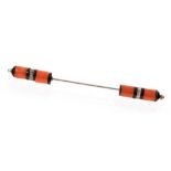 An Art Deco coral, diamond and black onyx banded stick pin,
