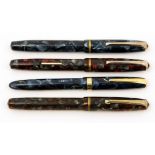 Burnham B48 fountain pens, blue, red and brown marbled, lever filler,