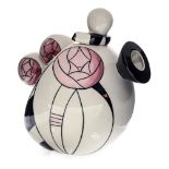 A Lorna Bailey teapot, Mackintosh Rose, black, white and pink, spherical form,