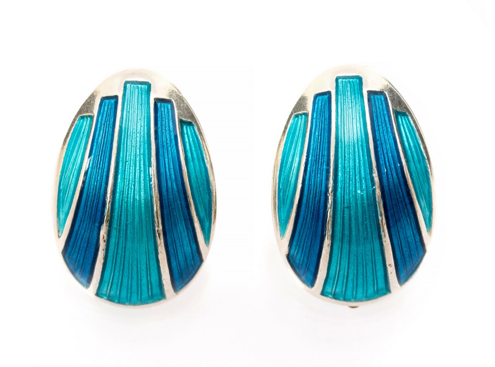David Andersen, a pair of silver and enamelled shell earrings, blue and turquoise enamel,