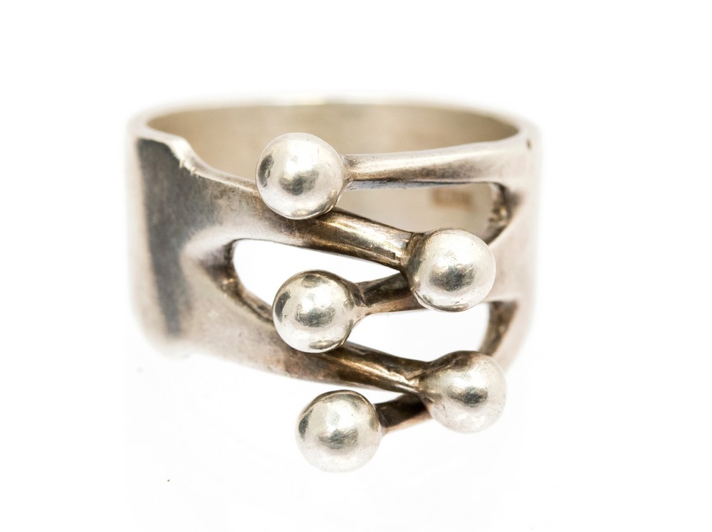 Peter Guy Watson after Anna Greta Eker for Plus Studio, a Modernist silver Jester ring,