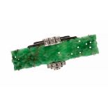 An Art Deco 18ct white gold jadeite and diamond set brooch,