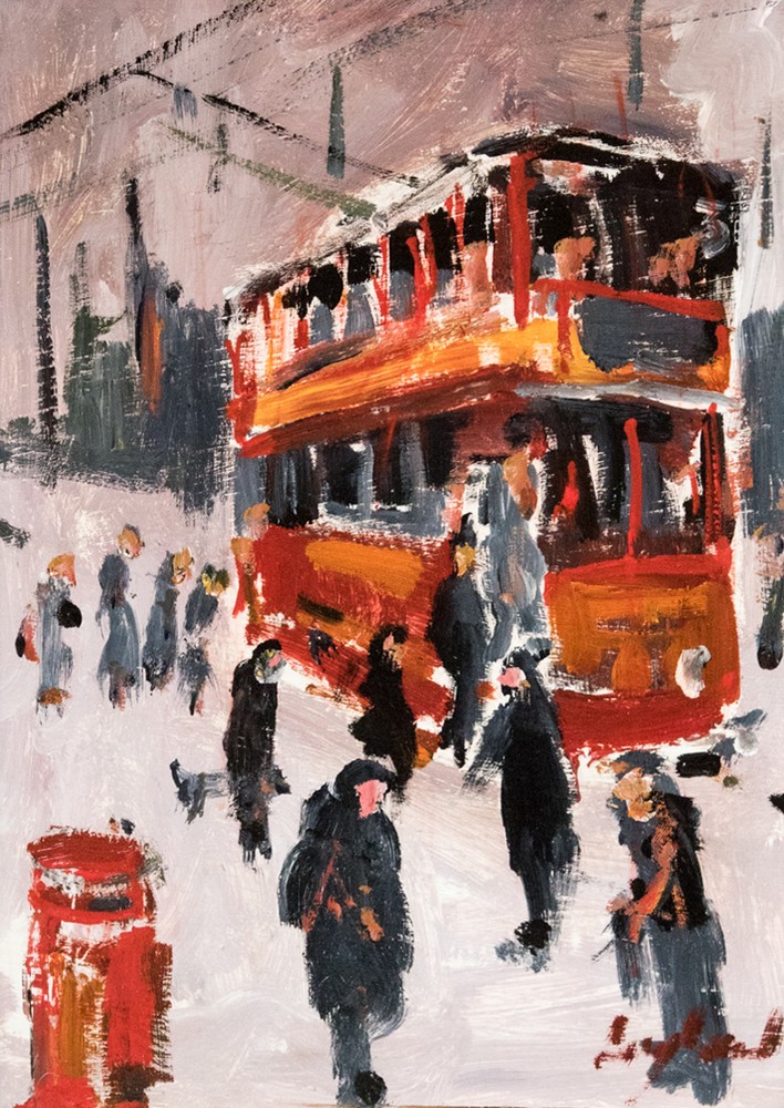 Frederick J England, Tram by Postbox, signed, oil on board, 36cm x 26cm,