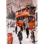 Frederick J England, Tram by Postbox, signed, oil on board, 36cm x 26cm,