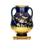 A Minton Aesthetic Movement majolica and raised gilt decorated vase, 1875, twin handled ovoid form,