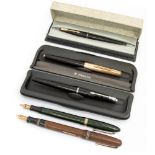 A Swan Leverless fountain pen with 14ct gold nib, a gold plated lid Parker pen,