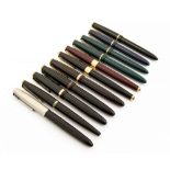 A collection of Parker fountain pens including Duofold, 51, 17 etc.