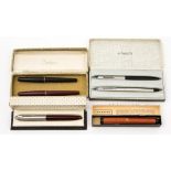 Parker pens including 51 fountain pens maroon and black, Red Duofold, Parker 17,