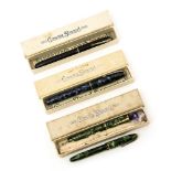 Conway Stewart, three boxed fountain pens including marbled 75 with chrome fittings,