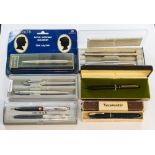 A collection of pens including Parker 45 stainless steel, jotter, Cross ballpoint,