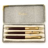 Parker 51 fountain pen set, maroon with 12ct gold filled pin stripe caps,