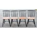 A set of six Ercol style ebonised and teak plywood stick back chairs,