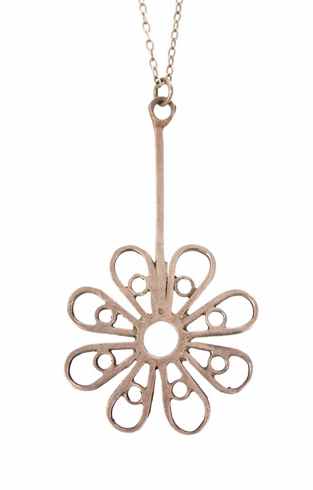 Alastair Norman Grant, a Modernist Scottish silver flower pendant and chain, open stylised flower,