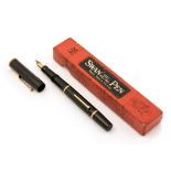 Swan self filler 2 fountain pen, black with double ring and red ripple button to cap,