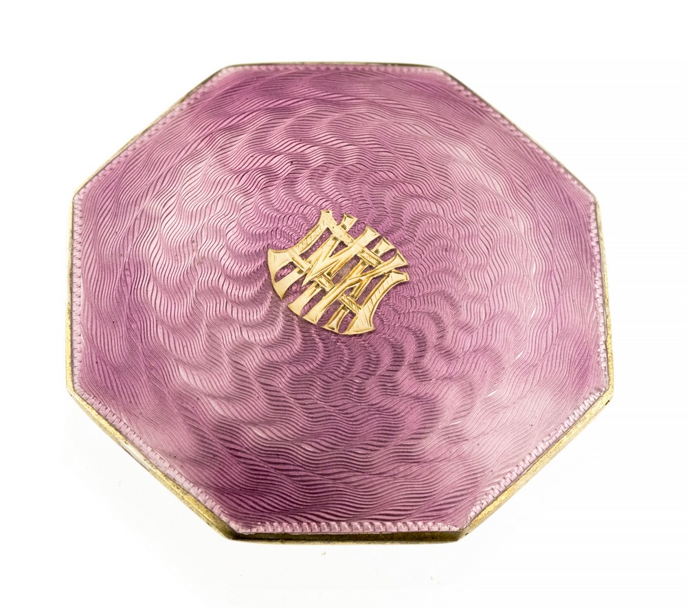 An Austrian silver gilt and enamelled compact, octagonal form with engine tuned pink enamel, - Image 2 of 2