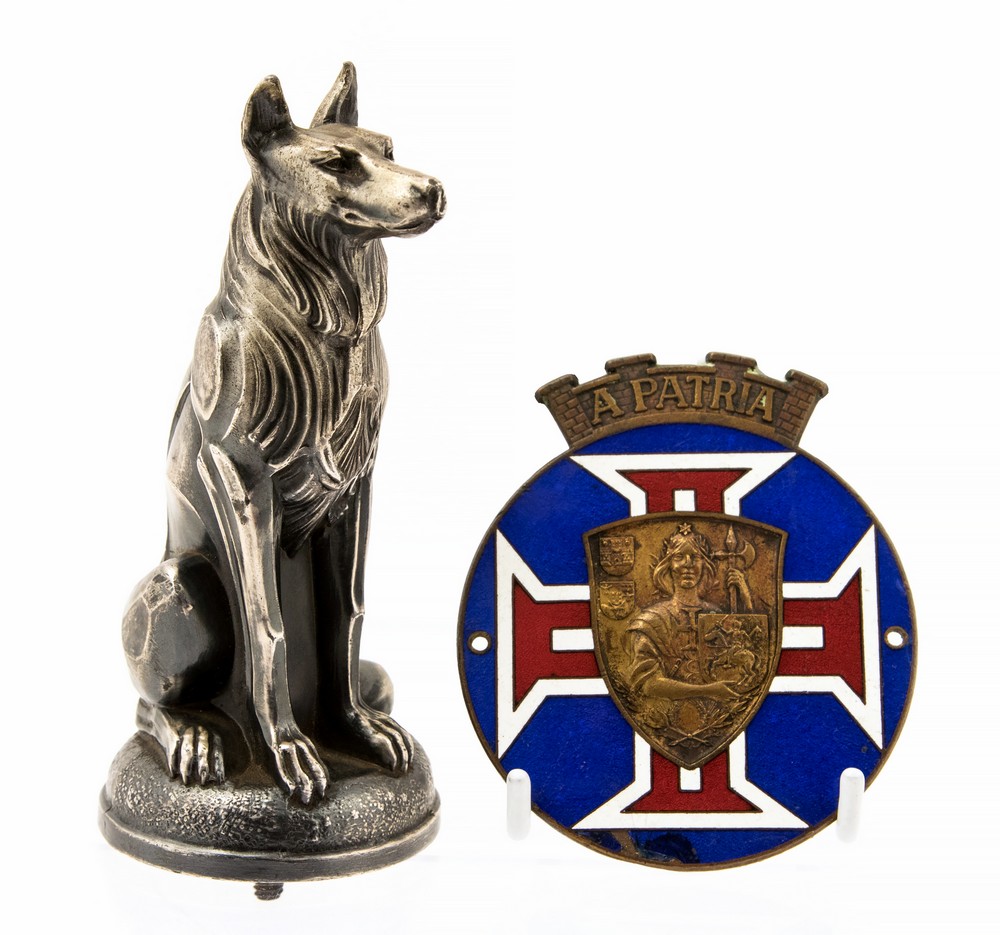 An Art Deco silver plated car mascot, in the form of a German Shepherd dog, signed Rullony,