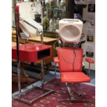 Satellite La Reine red laminate salon table and mirror, with chair and hair dryer,