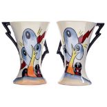 A pair of Lorna Bailey Bursley Way pattern vases, with stylised lightning bolt handles,