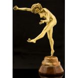 Claire Colinet, Ball Dancer, a gilt bronze figure of a nude, on agate and wooden base, signed,