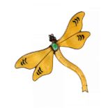An enamelled silver dragonfly brooch, yellow enamel wings, green body and black eyes,