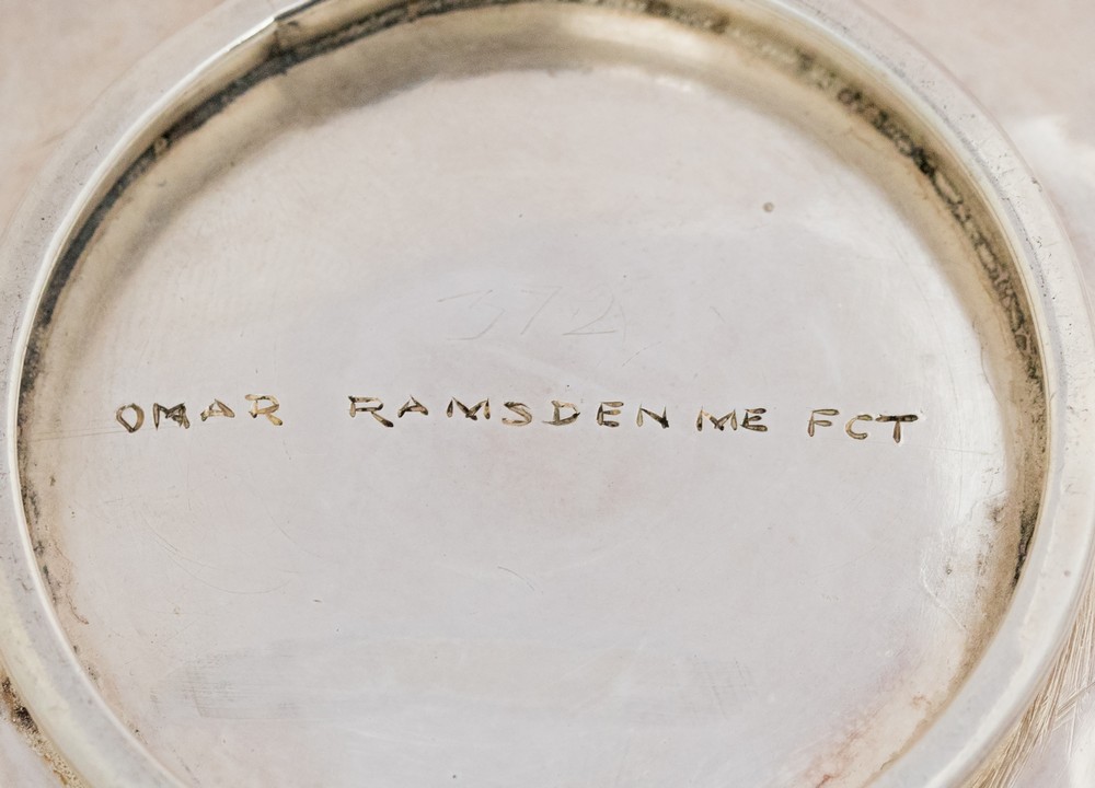 Omar Ramsden, an Arts and Crafts silver dish, shallow, planished form with denticulated fluted rim, - Image 3 of 3