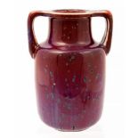 Ruskin Pottery, a high fired vase, 1933, twin handled cyclindrical, shouldered form,