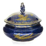 A Wedgwood lustre hummingbird covered bowl, sponged blue with gilt birds,