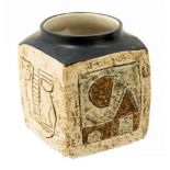 Penny Black for Troika, a marmalade pot or vase, cuboid form, beige and brown designs,