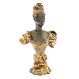 After Lucien Alliot, an Art Nouveau bronzed and gilt metal bust of a woman, on Rococo plinth,