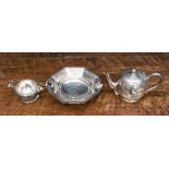 A Mappin & Webb bullet shaped teapot and milk jug together with EPNS, octagonal bon-bon dish,