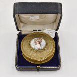 A boxed trinket box, having hand painted portrait of lady to centre, silk lined,