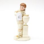 A Royal Worcester figure of a boy standing next to an urn, modelled by James Hadley, ivory glaze,