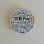 A Staffordshire Monochrome round pot lid Haynes Toothpaste, patronised by HRH The Duke of Edinburgh,