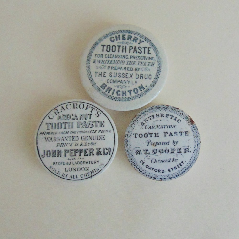 Three Staffordshire Monochrome pot lids, Areca Nut, Cherry and Antiseptic Toothpaste,