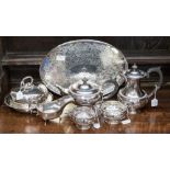 A Mappin and Webb silver plated tea and coffee service; together with a muffin dish,