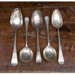 A George III silver tablespoon, Old English pattern, London 1784 and two other tablespoons,