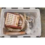 A box of assorted alabaster items, with assorted EPNS flatware, some cased.