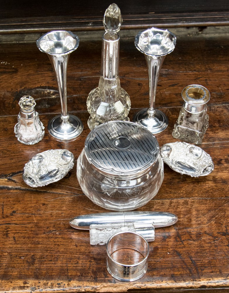 A group of assorted dressing table and other silver wares,