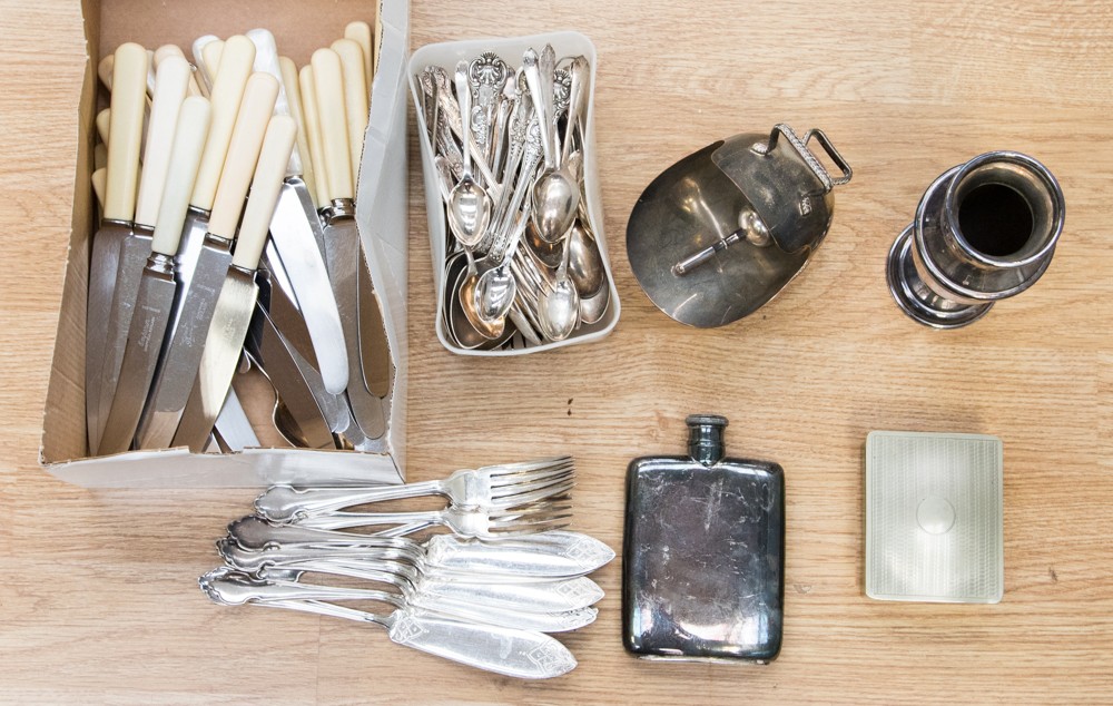 Two boxes of brass and silver plated ware to include candlesticks,