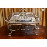 A Georgian style shaped rectangular silver-plate entree/asparagus dish, liner,