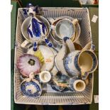 A box of blue and white ceramics including early Worcester jug,