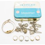 A tin of various rings (6) Accurist watch, bangle, silver charm bracelet, etc, 18ct ring,