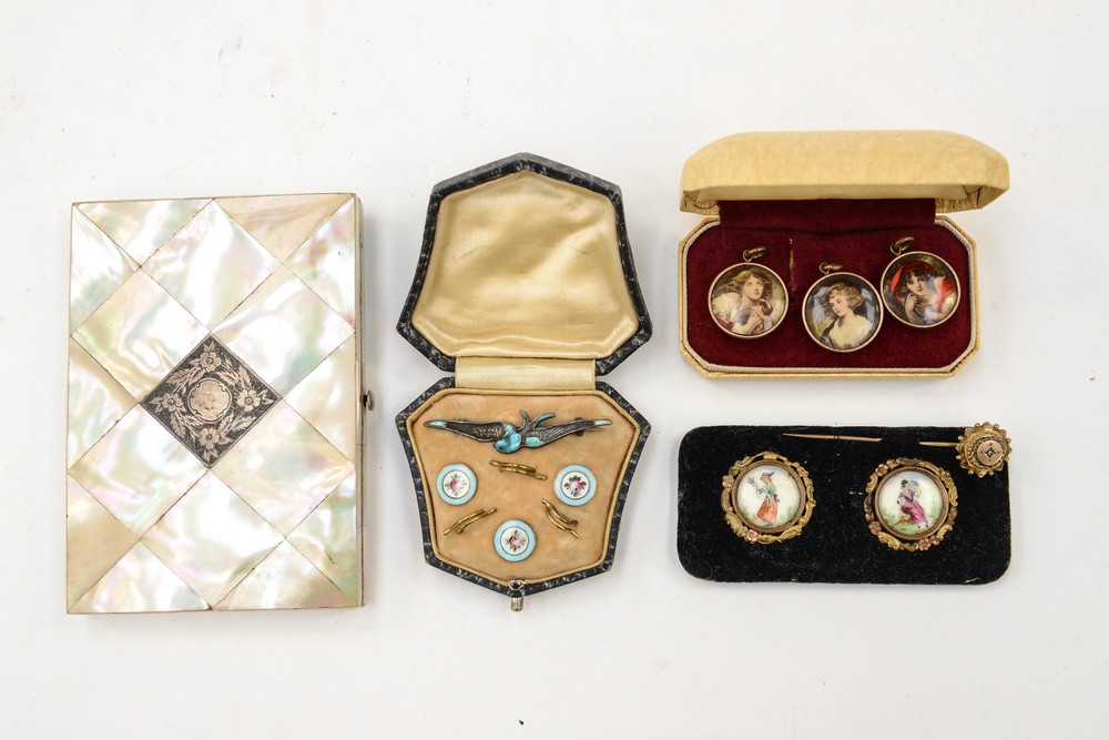 A set of three Edwardian floral enamelled buttons, a Charles Horner silver Swallow brooch,