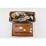 A writing box, oak a/f together with a box of miscellaneous cutlery,