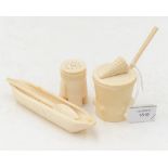 Early 20th century carved ivory condiments including pepper pot,